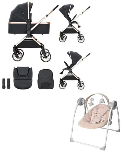 Cărucior pentru bebeluși 2 în 1 Lorelli Premium - Reya, negru + leagăn - Portofino, Beige Dots