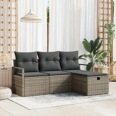 Set de canapea de gradina Gossi cu 4 piese si perne gri ratan poliester, canapea de gradina Gossi pentru 2 persoane cu depozitare si perne gri ratan poliester