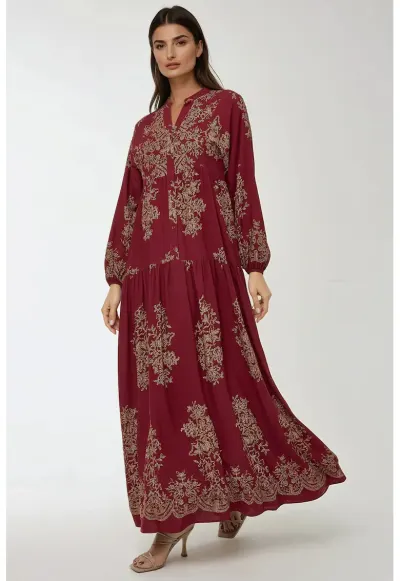 Rochie maxi - maneca lunga - imprimeu - rosu - viscoza