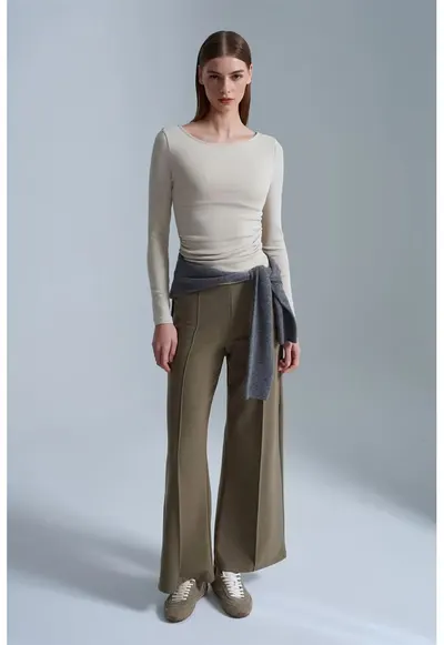 Pantaloni dama - picior larg - elastic - verde kaki - bumbac si poliester