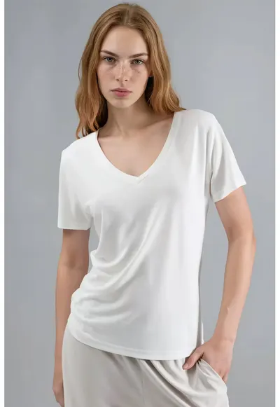 Tricou dama decolteu in V - maneca scurta - alb - jerseu