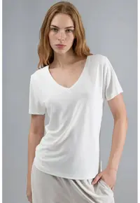Tricou dama decolteu in V - maneca scurta - alb - jerseu