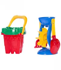 Set de joaca pentru nisip cu galeata mare, sita, cazma, grebla si morisca