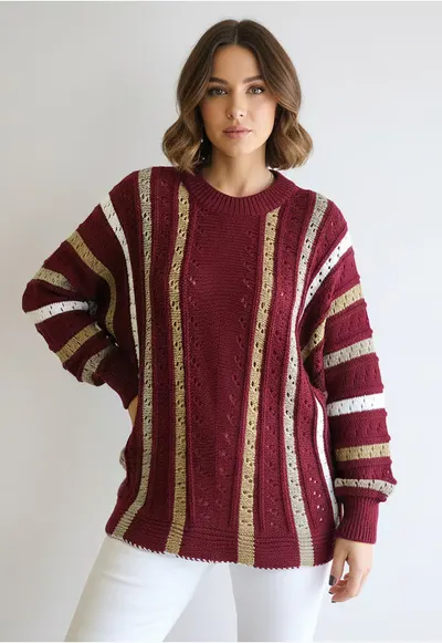 Pulover dama oversize - model ajurat - dungi verticale - rosu - tricot acril