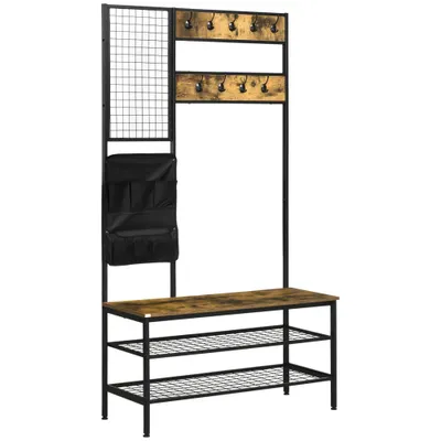 HOMCOM Garderobă în Design Industrial, 1 Tablă Mesaje, 1 Scaun, 8 Cârlige, 1 Geantă de Depozitare, Negru + Maro | Aosom Romania