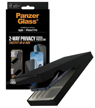 Protector de sticlă PanzerGlass - Privacy, Fastfit in-a-box, iPhone 17 Pro, transparent