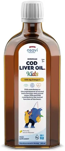 Norwegian Cod Liver Oil Kids, 500 mg, lămâie, 250 ml, Osavi