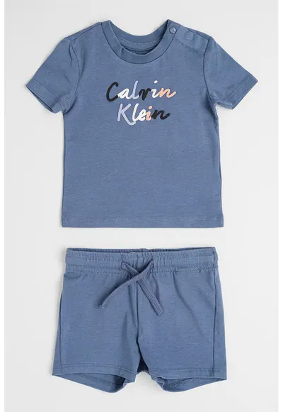 Set de pantaloni scurti si tricou cu imprimeu logo - 2 Piese - Albastru prafuit