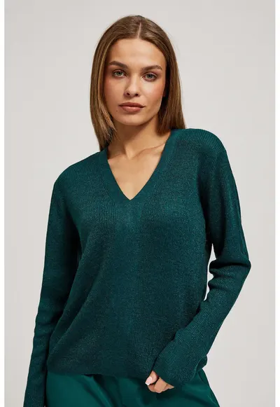 Pulover ajustat cu decolteu in V verde smarald - Verde