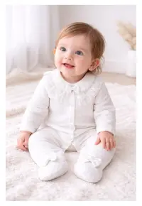 Salopeta bebe fetita muselina alba eleganta guler dantela botez bentita inclusa