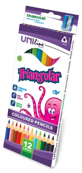 Creioane colorate triunghiulare Uniline - 12 culori, cu ascutitoare
