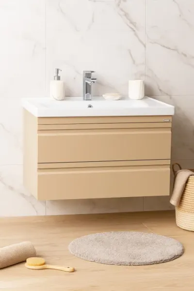 Set Baza front MDF si Lavoar seria 786, suspendata, cu sertare, montat, 80 cm, cappuccino