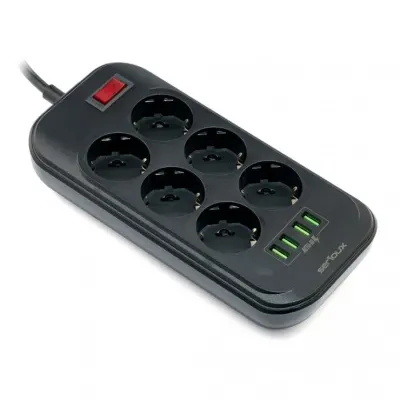 Prelungitor cu 6 x Schuko + 4 x USB-A 3.1A 2m Negru, SRXP-PS66B