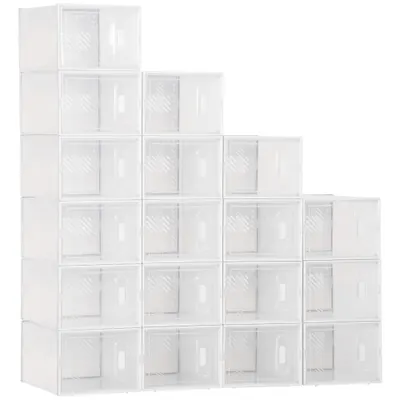 HOMCOM Dulap Dreptunghiular pentru Încălțăminte, Economisire Spațiu, 18 Cutii Transparente din Plastic PP, 25x35x19 cm | Aosom Romania