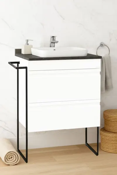 Set Baza front MDF si Lavoar seria 686, cu sertare, cadru metalic, montat, 60 cm, alb