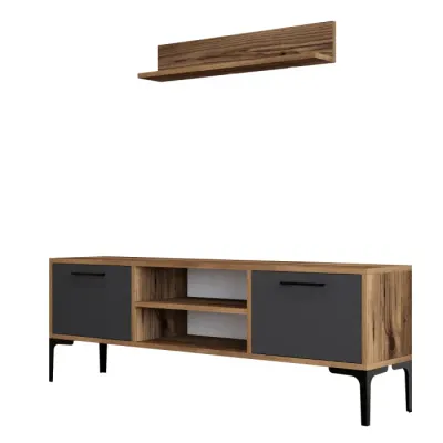 Comoda TV RIGA, cu raft suspendat, nuc + antracit, 140x30x48 cm