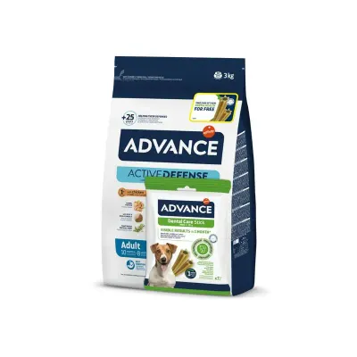 Hrana uscata pentru caini Advance Mini Adult cu pui orez 3 kg + CADOU Advance Dental Care Sticks Mini