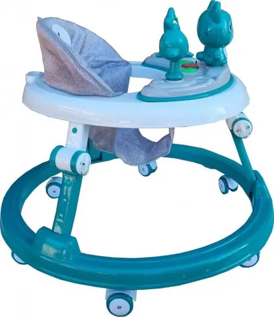 Premergator reglabil in 6 trepte de inaltime Novokids Happy Kitty Verde Turquoise, cu melodii, pliabil, greutate admisa 20 kg, roti silentioase