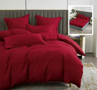Lenjerie de pat natur uni stripe 6 piese cu husa (rosu)