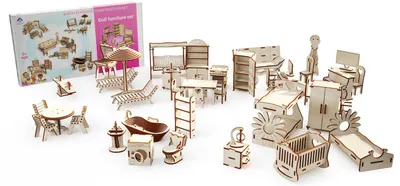 Set din lemn de asamblat Woodpy - Mobilier pentru papusi, 346 piese