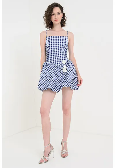 Rochie mini in carouri cu aplicatie decorativa - Alb/Albastru inchis