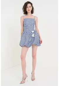 Rochie mini in carouri cu aplicatie decorativa - Alb/Albastru inchis