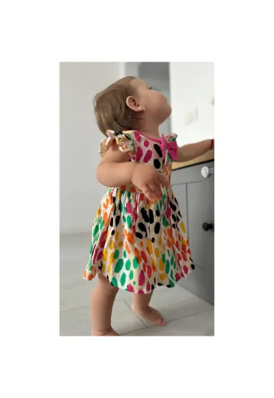 Rochie cu fundita roz si volane la maneci - Hope - Bej cu buline colorate - pentru fetite - Bej