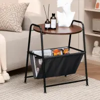 Masuta laterala cu blat rotund aspect lemn, suport textil pentru reviste, cadru metalic negru, 40 x 38 x 60 cm
