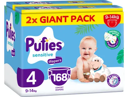 Scutece Pufies Sensitive - Mărimea 4, 168 buc, 9-14 kg, Giant Pack