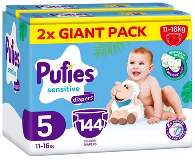 Scutece bebeluși Pufies Sensitive - Mărimea 5, 144 bucăți, 11-16 kg, Giant Pack