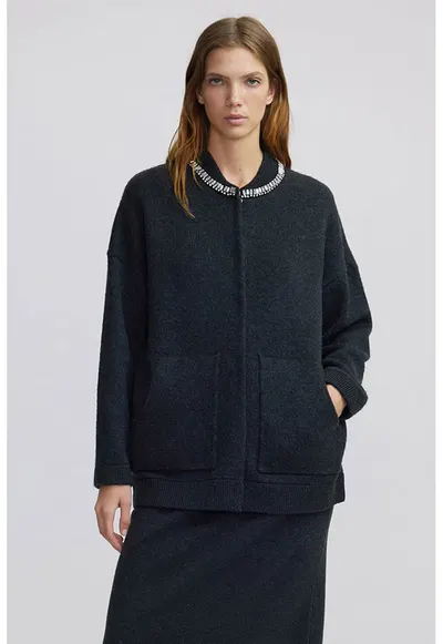 Cardigan din amestec de lana cu aplicatii din strasuri - Negru stins/Transparent