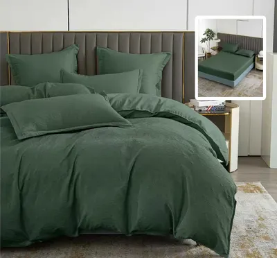 Lenjerie de pat natur uni baroque 6 piese cu husa (verde)