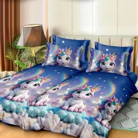 Lenjerie de Pat, 7 Piese, Bumbac Satinat Superior, cu 2 Pilote, Albastru, unicorni