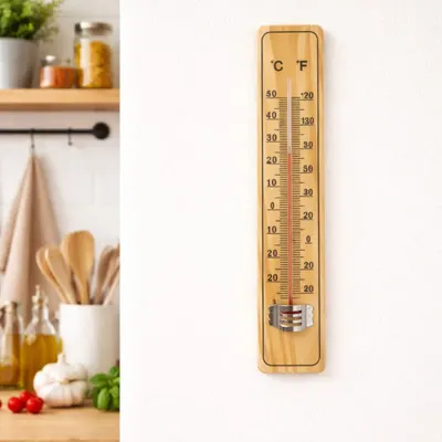 Termometru de Perete 21x3,5cm, din Lemn cu Afișaj °C și °F pentru Interior sau Exterior