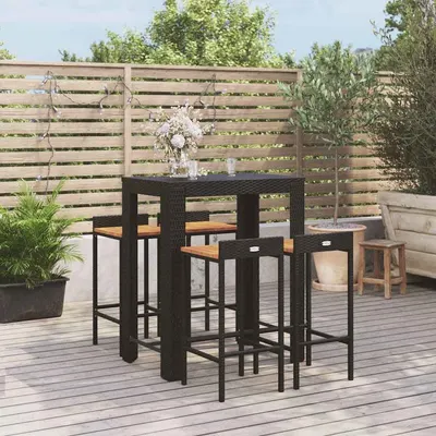 vidaXL Set bar pentru grădină, 5 piese, negru, poliratan/lemn acacia