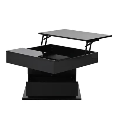 Masă de cafea rotativă 360° cu funcție de ridicare, spațiu de depozitare ascuns și 1 sertar, 70x70x45 cm, Negru