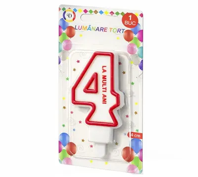 Lumânare aniversară pentru tort, Cifra 4, Alb cu bordură Roșie, înălțime 9 cm