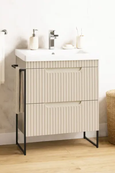 Set Baza front MDF si Lavoar seria 733, cadru metalic, cu sertare, montata, 60 cm, crem