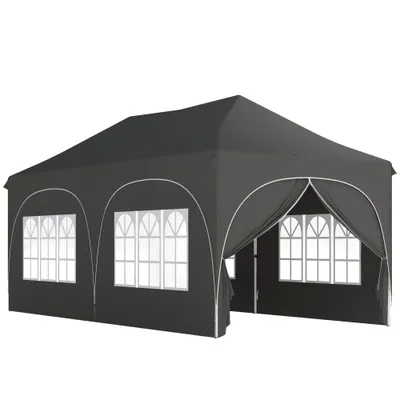 Outsunny Cort Pliabil 600x300 cm Pop-up cu 4 Laterale Detașabile Înălțime Reglabilă și Husă de Transport Gri închis | Aosom Romania