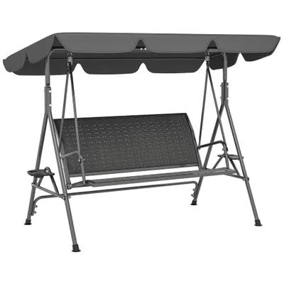 Outsunny Leagăn de Grădină 3 Locuri din Ratan PE cu Acoperiș Reglabil și Suporturi pentru Pahare, Leagăn de Exterior cu Cadru din Oțel, Capacitate 320 kg, 204x112x150 cm, Gri | Aosom Romania