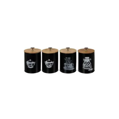 Set 4 recipiente pentru bucatarie, capac bambus, capacitate 1.5 L, negru mat, maro