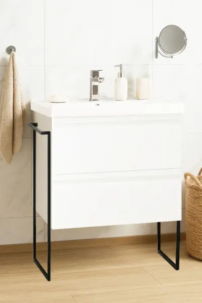 Set Baza front MDF si Lavoar seria 786, cadru metalic, sertare, montata, 65 cm, alb