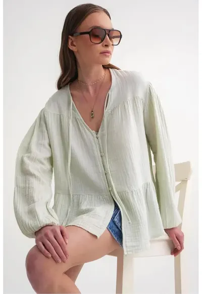 Camasa dama - bluza cu maneca lunga - croiala lejera - verde pin - textil