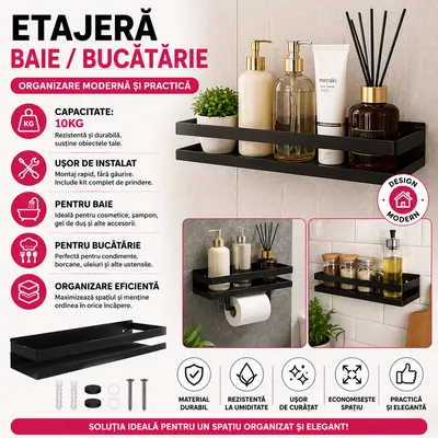 Raft de baie sau Bucatarie, Otel inoxidabil, Capacitate maxima suportata 10 kg, Dimensiuni 6 x 50 x 10.5 cm, Negru