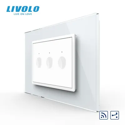 Intrerupator triplu tactil, control telecomanda RF, cap scara / cap cruce, standard italian, cu rama sticla, 3M Alb