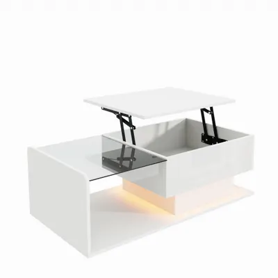 Masă de cafea cu înălțime reglabilă, cu sticlă și bandă LED, 100x50x33/47,5 cm, Alb