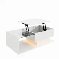 Masă de cafea cu înălțime reglabilă, cu sticlă și bandă LED, 100x50x33/47,5 cm, Alb