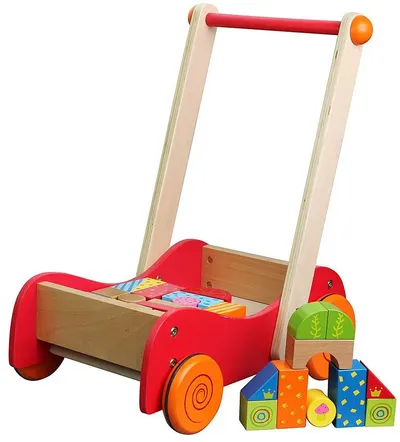 Jucarie din lemn de impins Lelin - Carucior cu constructor 30 piese
