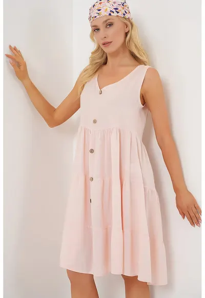 Rochie mini dama - HiCCUP - fara maneci - decolteu in V - poliester/viscoza - roz deschis