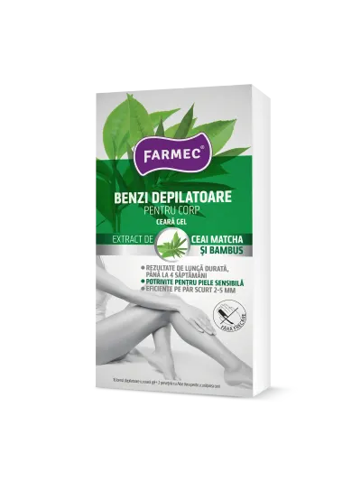 Benzi Depilatoare Pentru Corp Cu Ceară Gel, Extract De Bambus și Matcha, Farmec, 16 Buc